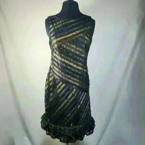 NWOT Muse Essential Little Black (& Gold Dress) Size 4 Ribbon Chiffon Hem Ruffle